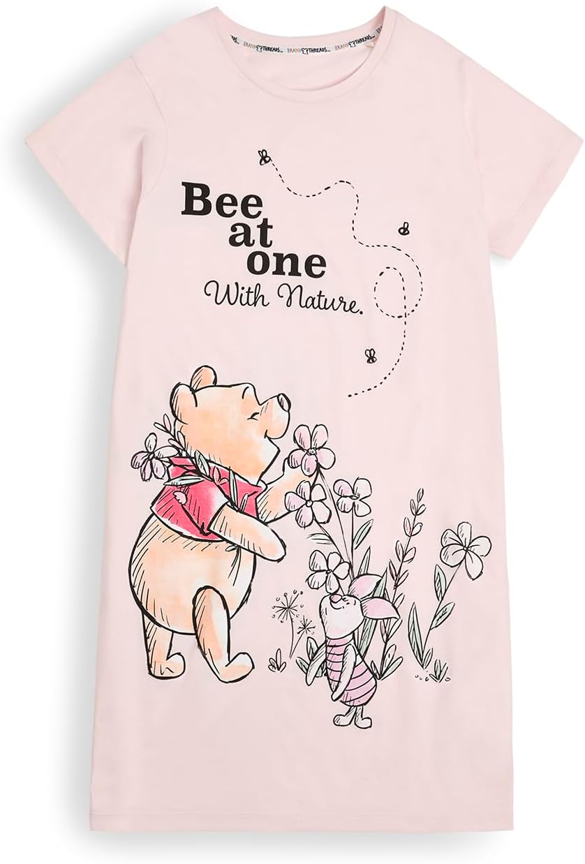 Ladies' Winnie the Pooh Nightie – Comfortable Cotton Jersey Sleepwear with Cute "Bee at One with Nature" Print | Women's Nightdress (Sizes XS-XL)