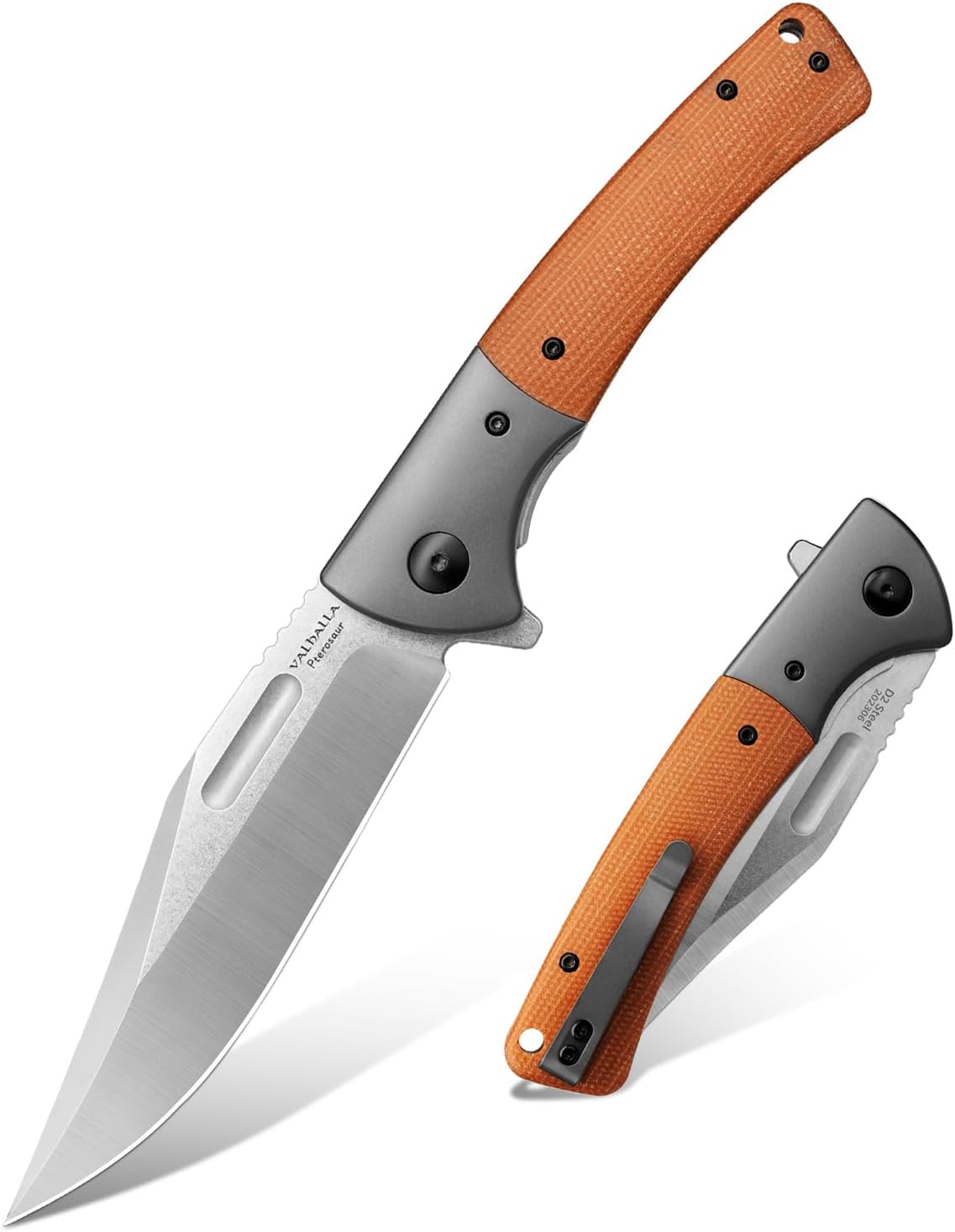 VALHALLA PTEROSAUR Pocket Knife, 3.9'' D2 Steel Folding Knife with Micarta Handle, Pocket Knife for Men, Cool Knives, Hunting Knife for Men (BLACK)
