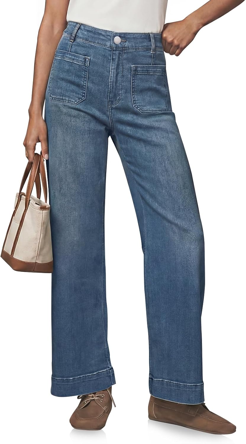 Cicy Bell Jeans for Women Straight Leg High Waisted Baggy Wide Leg Trendy Vintage Denim Pants with Patch Pockets