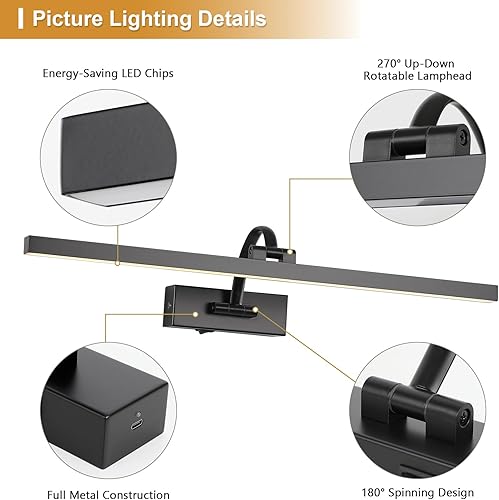 Miniatura 4 de Luces de imagen inalámbricas para pared, funciona con pilas, iluminación artística negra para pinturas, luces de galería recargables con control