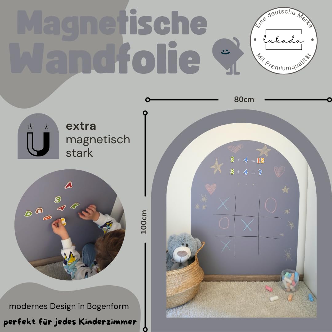 Lukada Magnetfolie | Magnetisch Selbstklebende Tafelfolie | 80 x 100cm rund Bogen Wand | Beschreibbar & Abwischbar Kreidefolie | Magnettafel Kind für Magnete | Magnetwand Kinderzimmer (Grau)