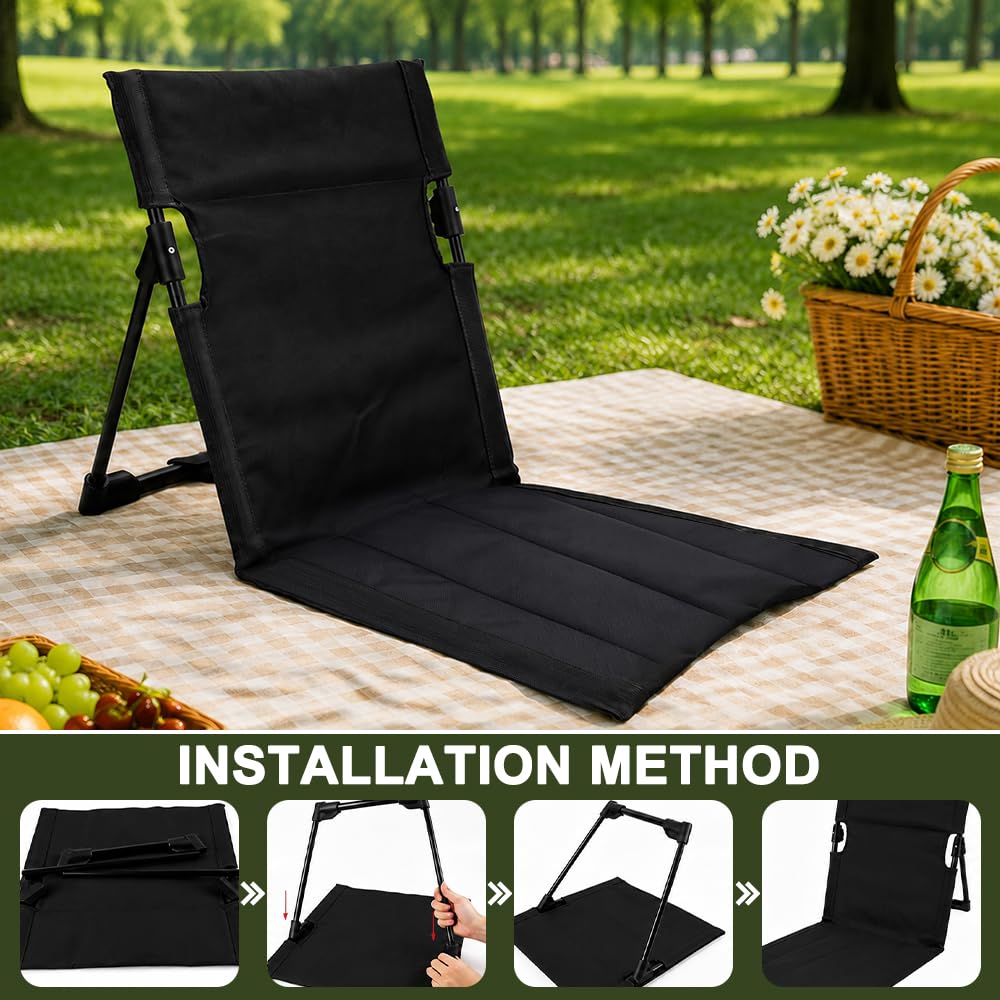 Bodenstuhl mit Rückenlehne, Strandmatte Mit Rückenlehne, 600D Oxford-Gewebe Bodenstuhl Outdoor, Strandmatte Klappbar mit Tragetasche für Angeln, Picknick, Strand, Wandern (Schwarz)