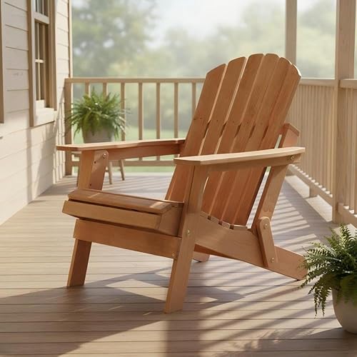 Miniatura 6 de Outdoor Wooden Folding Adirondack Chair Set of 2 with Pre-Assembled Backrest in Light Brown, Solid Wood Patio Chair for Garden Backyard Porch Pool