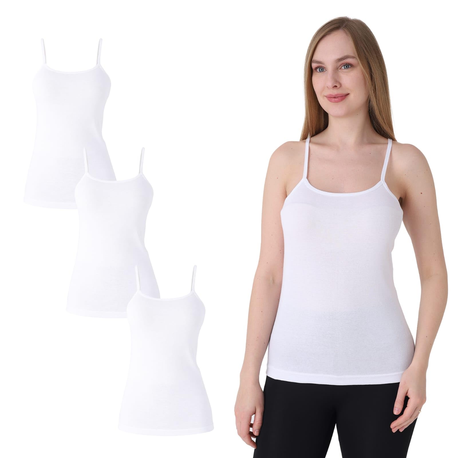 UNDERA - Pack de 3 camisetas interiores para mujer, 100% algodón, tirantes delgados, suave, transpirable, para uso diario, ocio y ropa interior