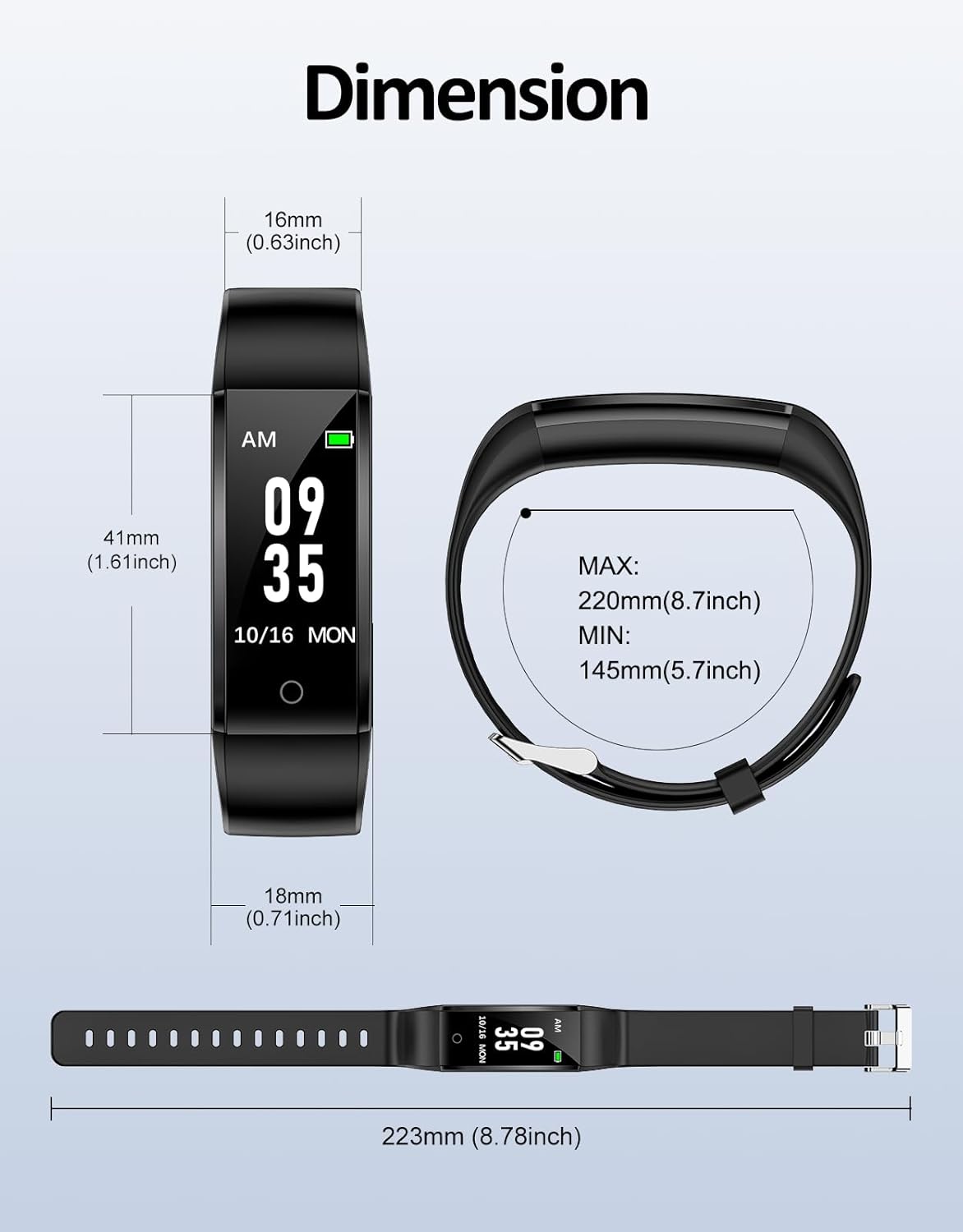 Diagram showing the dimensions of the GRV S1A Pedometer Watch body and strap in millimeters and inches.