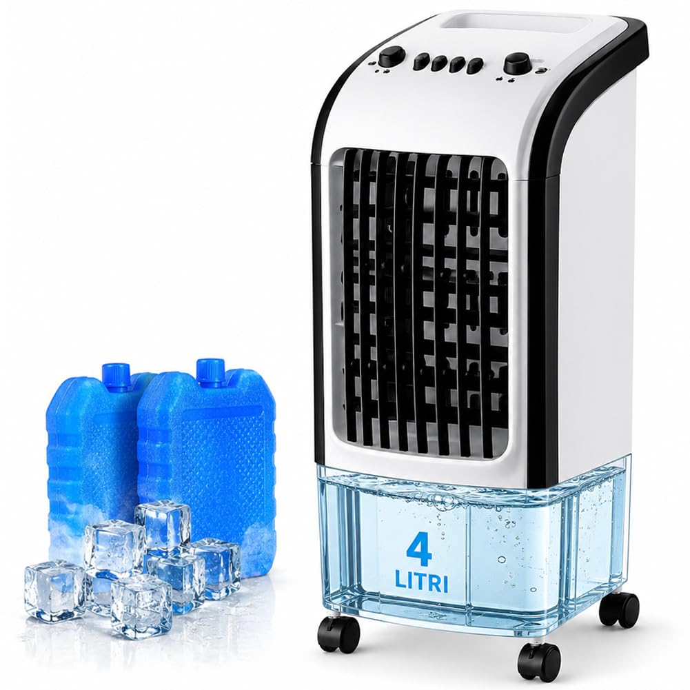 BAKAJI Raffrescatore d'Aria Portatile 3 in 1 con 2 Ghiaccioli, Nebulizzatore Ventilatore con Serbatoio d'Acqua 4 Litri, Aria Air Cooler con Ghiaccio Potenza 65 W, 28 x 28 x 58 cm