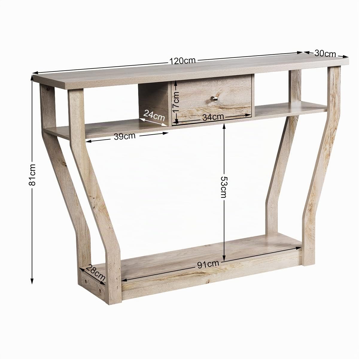 GIANTEX Mesa Consola Estrecha de Madera con Cajón, 120 x 30 x 81 cm, Mesa Auxiliar con Estante Inferior y 2 Estantes Abiertos Laterales, Mueble Recibidor para Entrada, Salón (Gris)