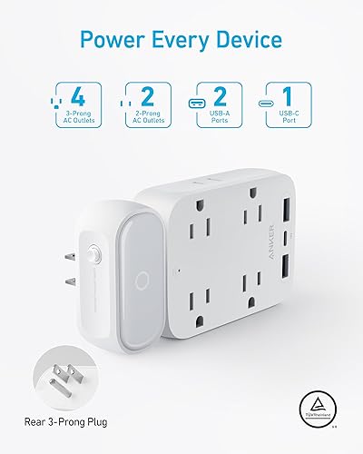 Miniatura 3 de Anker - Cargador de pared USB, extensor de 6 salidas con 2USB A, 1 puertos USB C, lámpara integrada y protector de sobrecarga con enchufe estable y