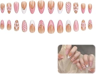 24 Stück Klebenägel, 3D Rosa Kunstnägel | Mandelförmige French Tip Nägel mit geprägten Blumen & Goldperlen, inkl. Klebepads & Nagelfeile