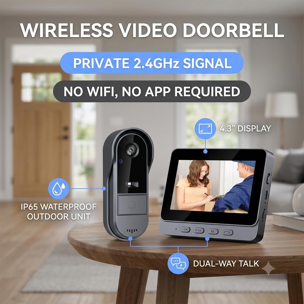 TKMARS Funk Video Türsprechanlage mit 4,3 Zoll Monitor, Kabellose Türklingel mit Kamera ohne WLAN & App, 170° Weitwinkel, Gegensprechfunktion, Nachtsicht, Besucheraufnahme, für Haus Wohnung Senioren