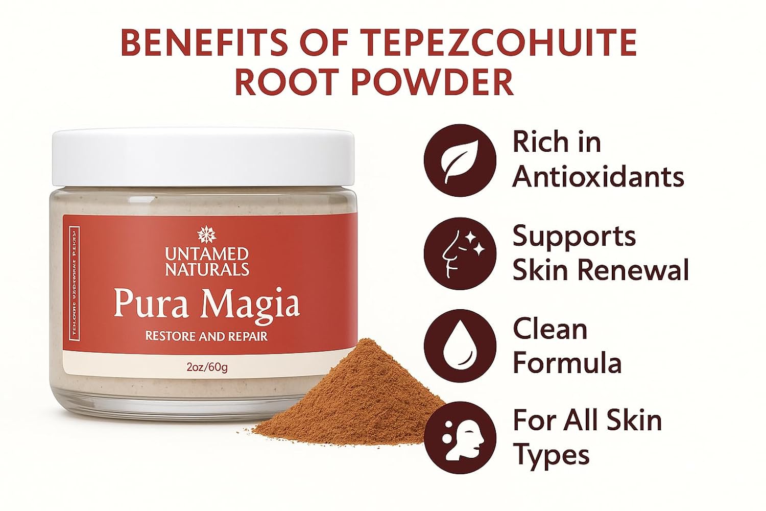 Untamed Naturals Tepezcohuite facial moisturizer, tepezcohuite cream root from Mexico, skin repair, night cream, Pura Magia face cream 2oz/60g