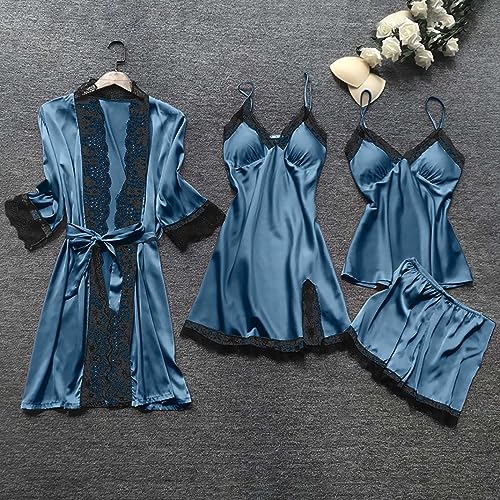 Conjunto de pijama feminino de seda, 4 peças, lingerie sexy, conjunto de roupão, camisola, shorts, r