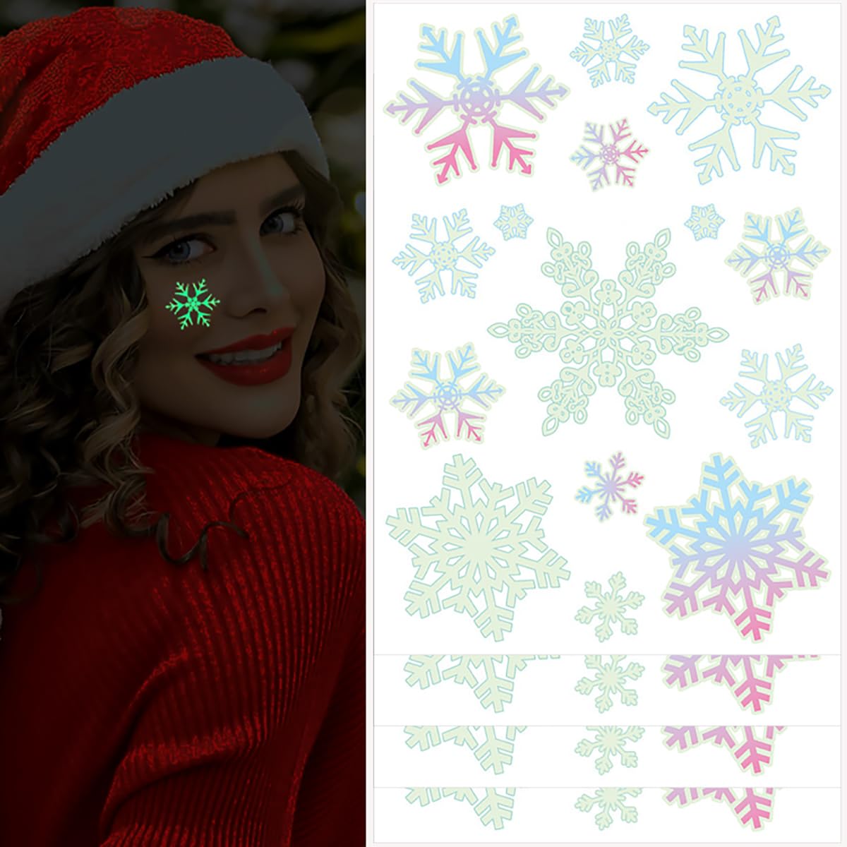 Glow in the Dark Snowflake Temporary Tattoos 4 Sheets Winter Christmas Holiday Party Supplies Body Face Art Stickers for Kids Adults Night Glow