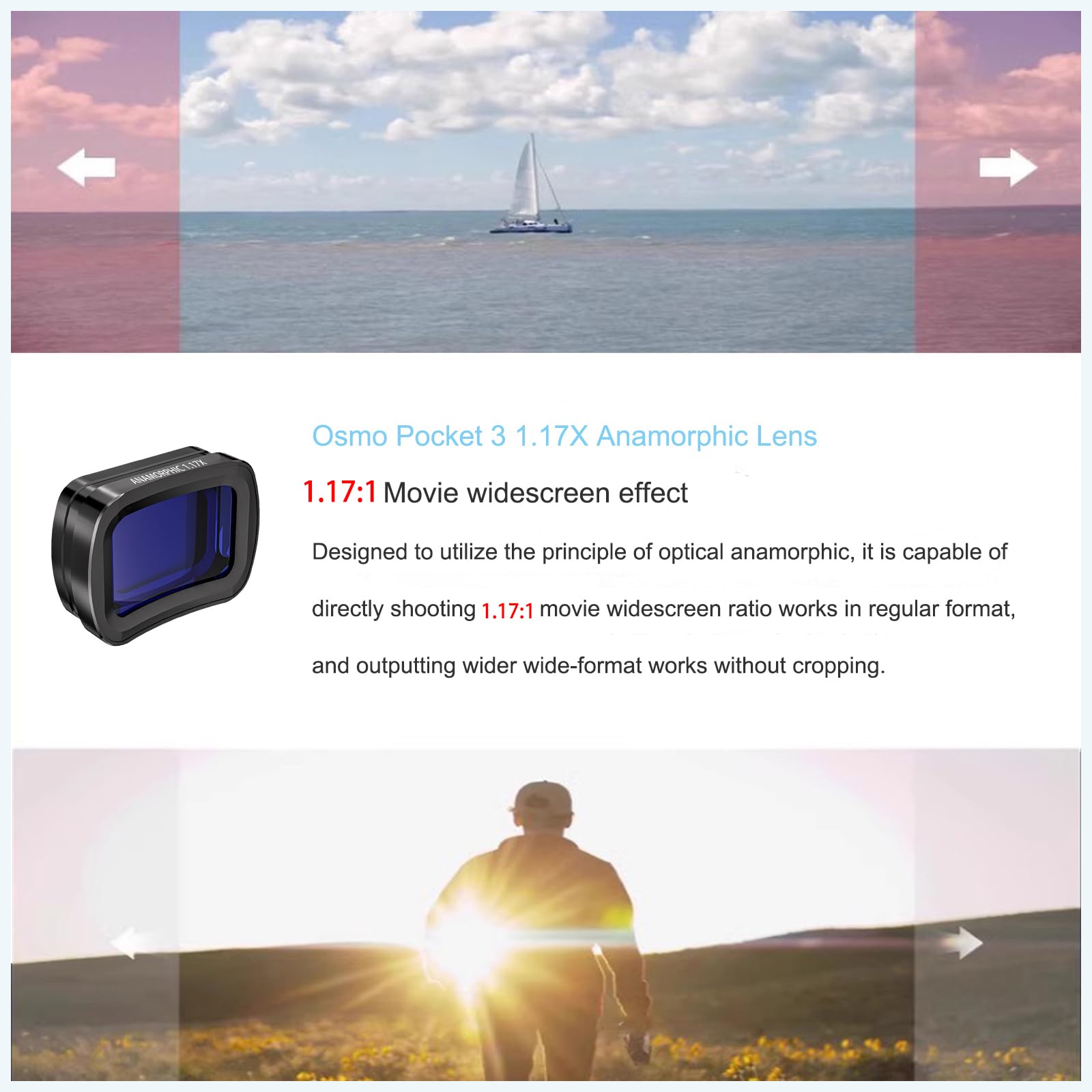 Skyreat Osmo Pocket 3 Makro & 1.17X Anamorphotische Objektiv,Widescreen Cinematic Blue Flare und Makro Linsen für Nahaufnahmen Magnetische Filter Kit für DJI Osmo Pocket 3 Kamera Zubehör