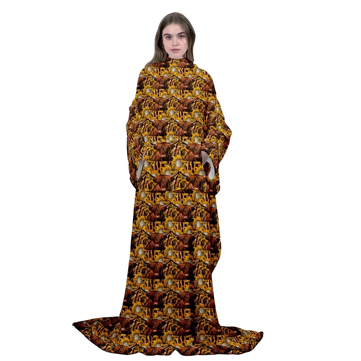 Homemissing Manta de forro polar con mangas para mujeres y hombres, ganado de las tierras altas, manta de microfelpa cómoda con mangas para decoración occidental, manta de felpa suave con mangas de 50