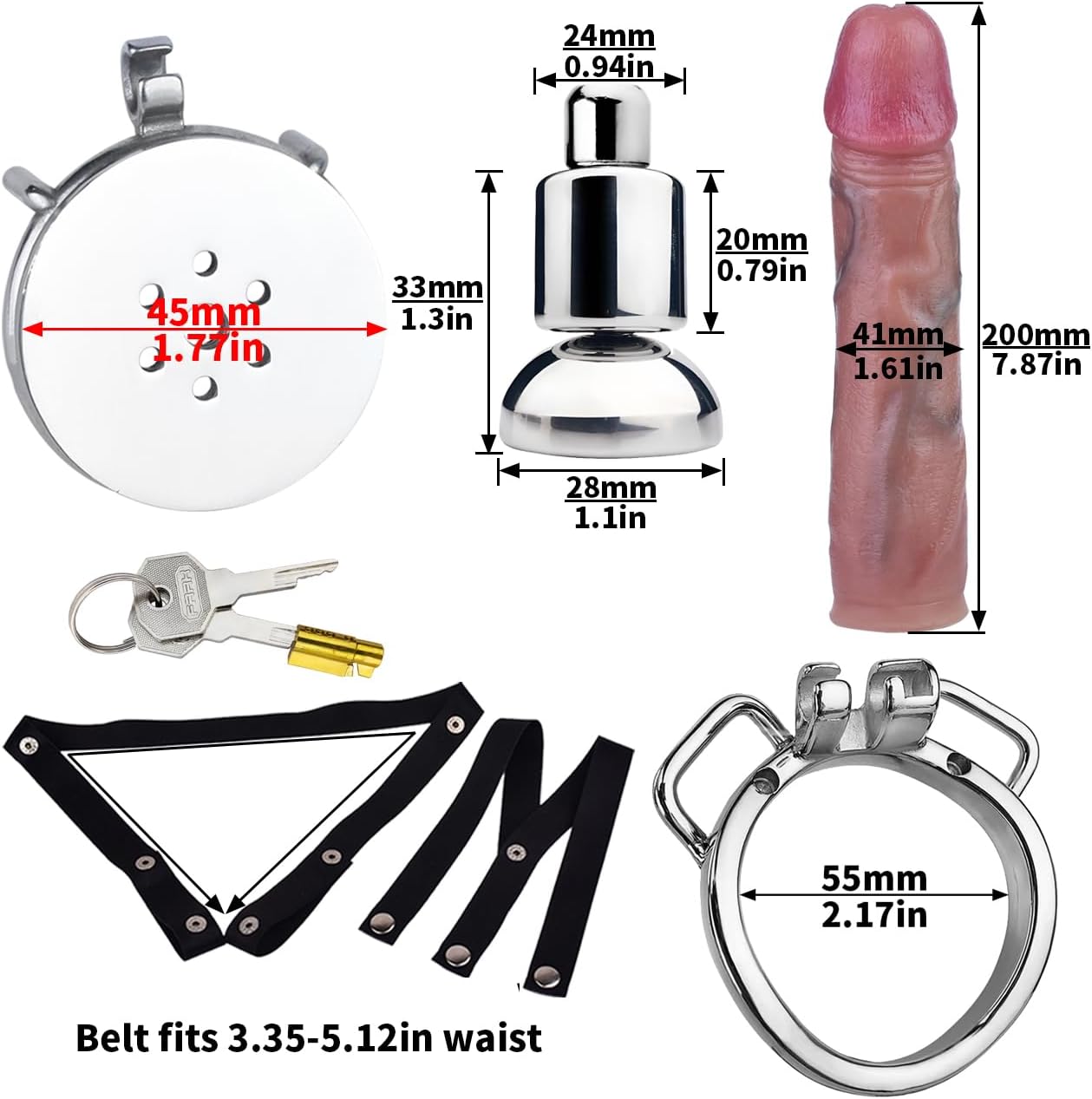 Black Silicone Male Cock Cage Chastity Device with 4 Sizes of Rings and Keys Belt, Lightweight Adjustable Male Chastity Cage with Hollow Dildo Adult Sex Toy for Men - with 55mm Ring