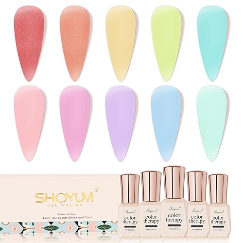 Miniatura 7 de Jelly-Pastel - Juego de 10 esmaltes de uñas de gel rosa nude con colores amarillo y azul de verano, lámpara de uñas de remojo para bricolaje,