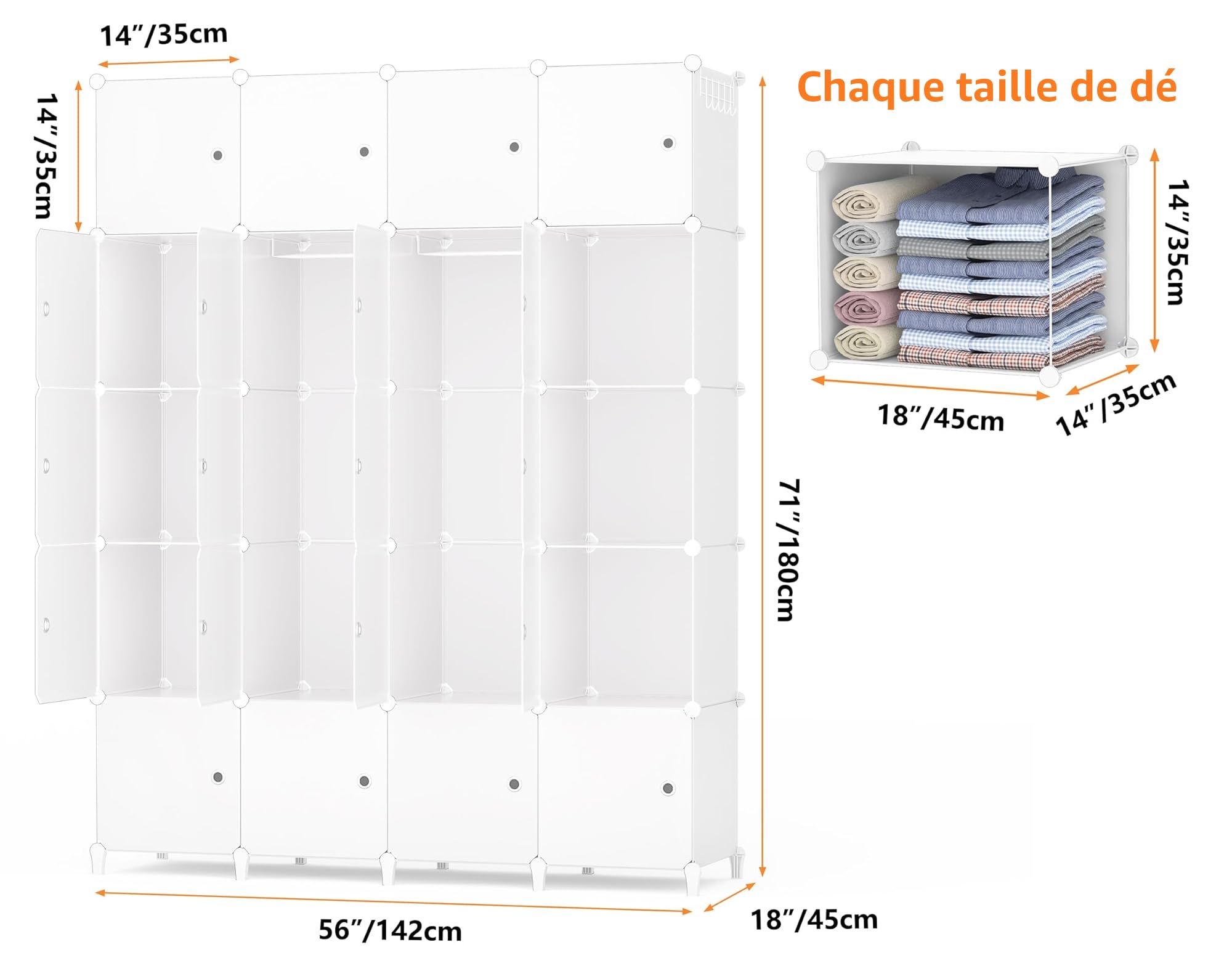 HOMIDEC Armoire Penderie Modulaire, Armoire Portable à 20 Compartiments pour Chambre à Coucher, Armoires avec Barre pour Suspendre Les vêtements, Compartiments Plus Profonds adaptés aux Cintres