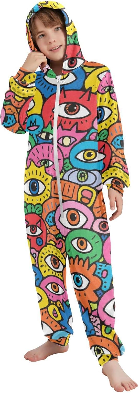 Eyes Evil Doodle ColorfulOnesie PajamasSoft Warm Hooded Loungewear Sleepwearfor Parties Sleepovers