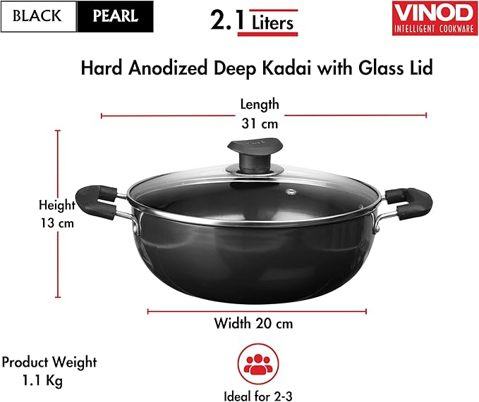 Wok Vinod Kadhai Profesional 20 cm 2.1 L Tapa Vidrio Aluminio Anodizado miniatura 3