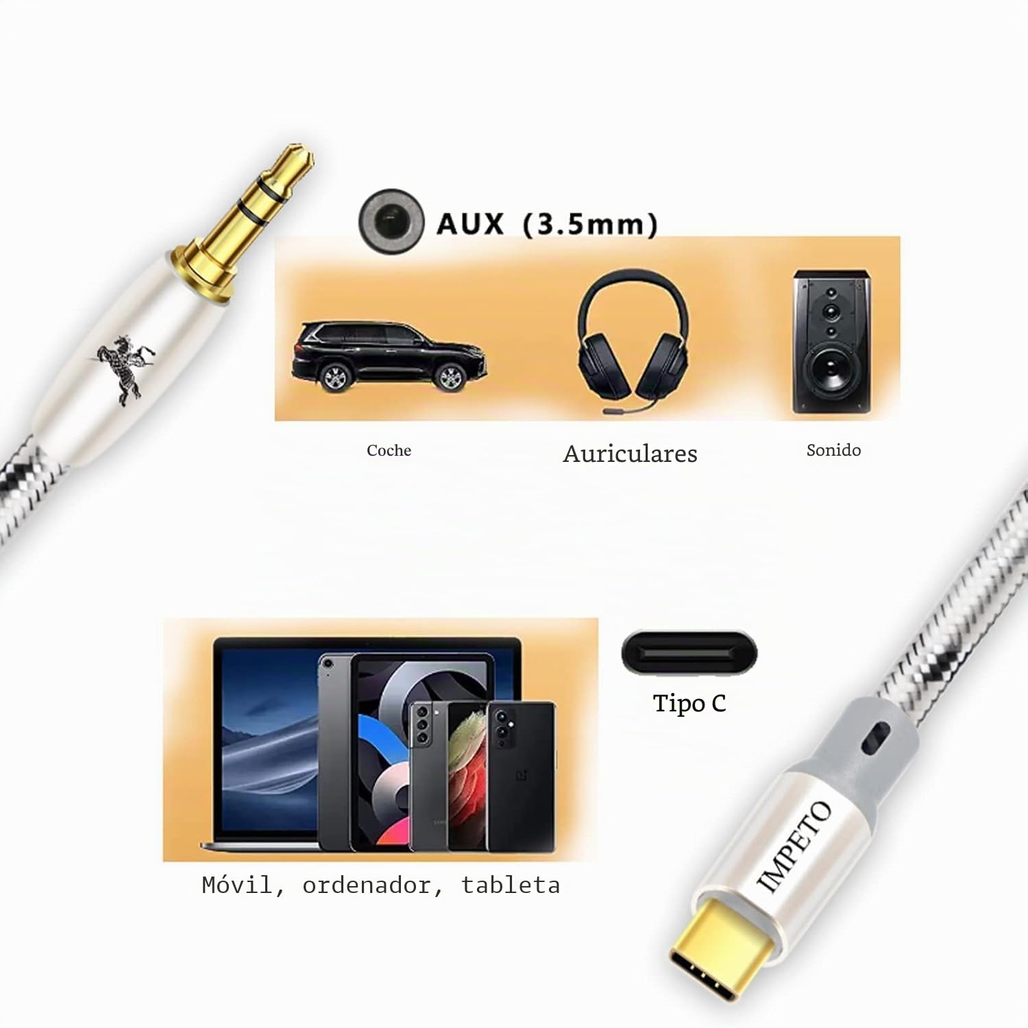 Impeto Cable AUX USB C a Jack, Nylon Trenzado Tipo C a 3,5mm Adaptador de Auricular Audio Coche Estéreo Compatible con iPhone serie 15, Huawei P30/P40/P50/P60-1.0m