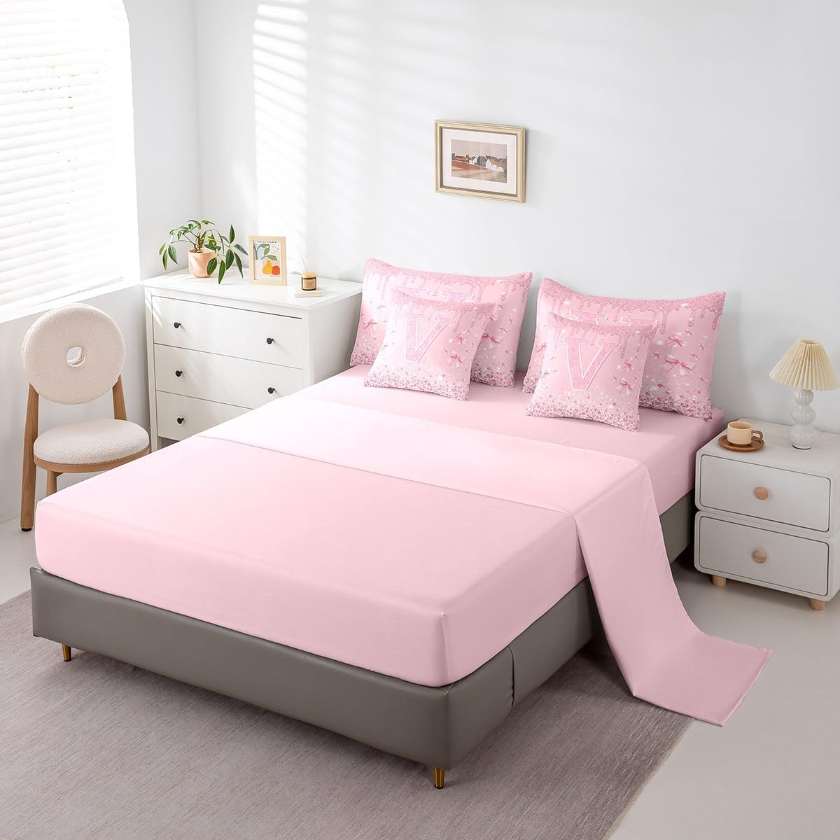 Erosebridal Pink Princess Bow Girls Bedding Sets 7 Piece Coquette Bowknot Kids Queen Comforter Set with Sheets Cute Glitter Initial V Bed in A Bag,Diamond Sequins Monogrammed Letter Bed Set