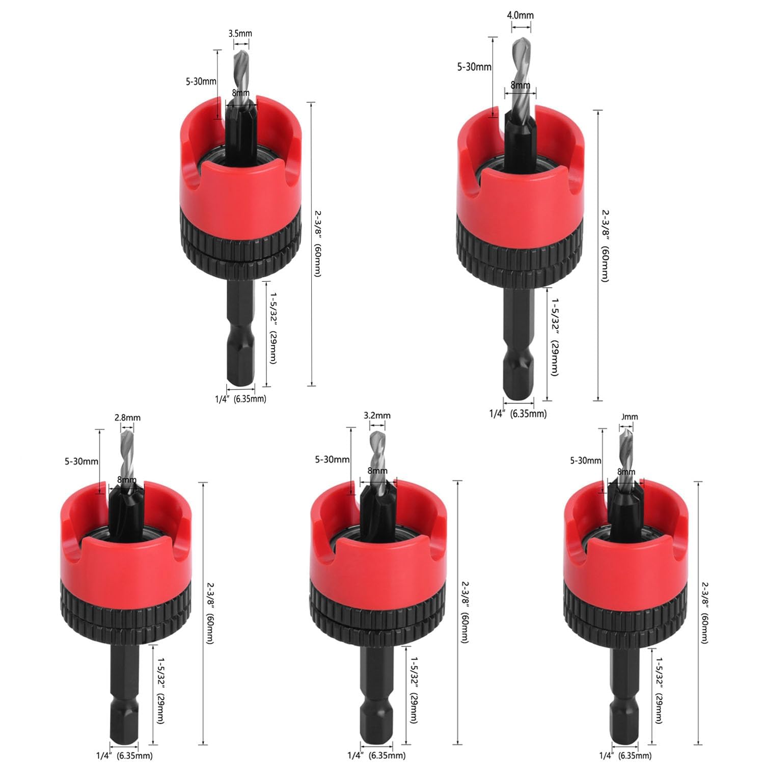 5PCS Countersink Drill Bit Set with Premium Steel Adjustable Depth Stop Hex Shank Varied Sizes 2.8 to 4 x8mm Woodworking Tools