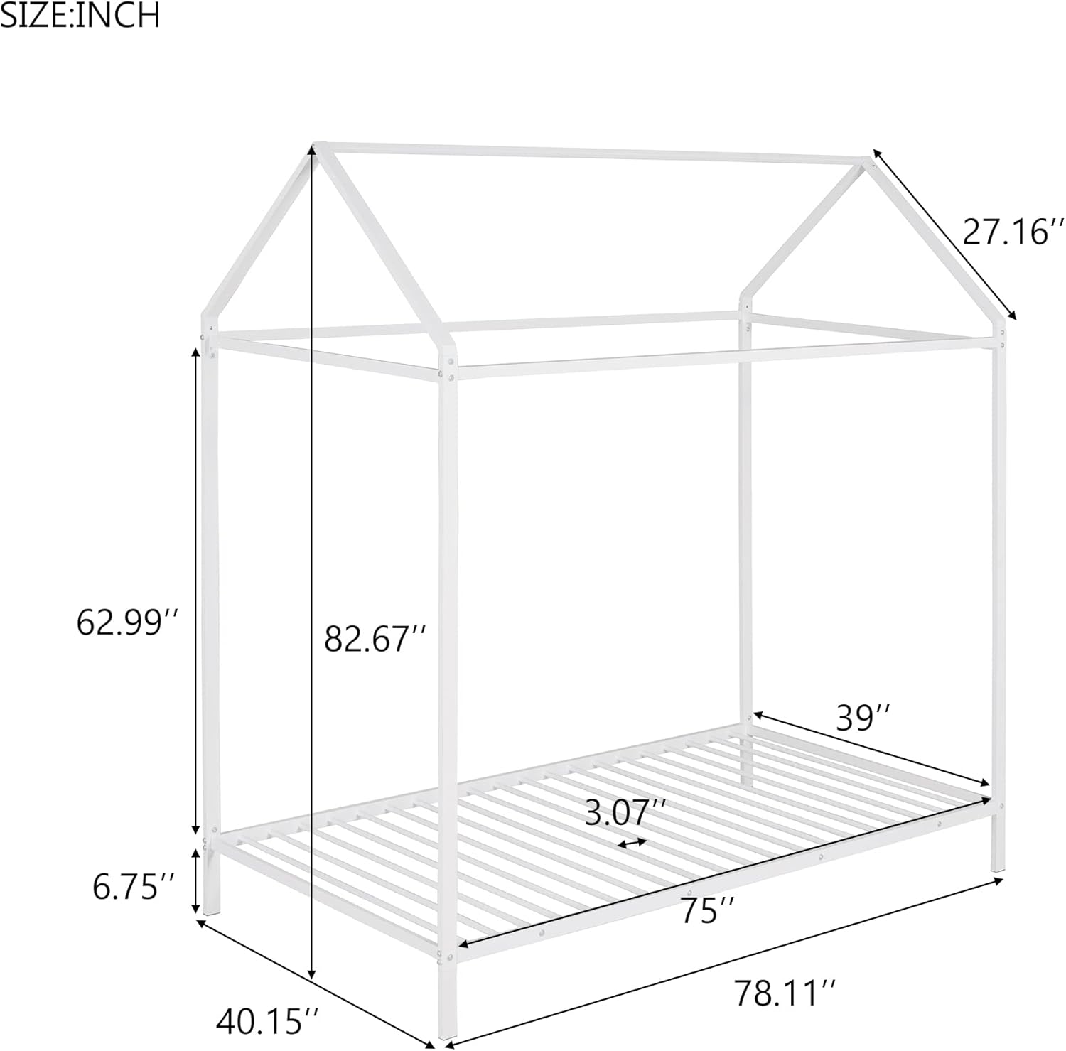 House Bed Frame Twin Size, Kids Bed Frame Metal Platform Bed Floor Bed for Kids Boys Girls No Box Spring Needed White
