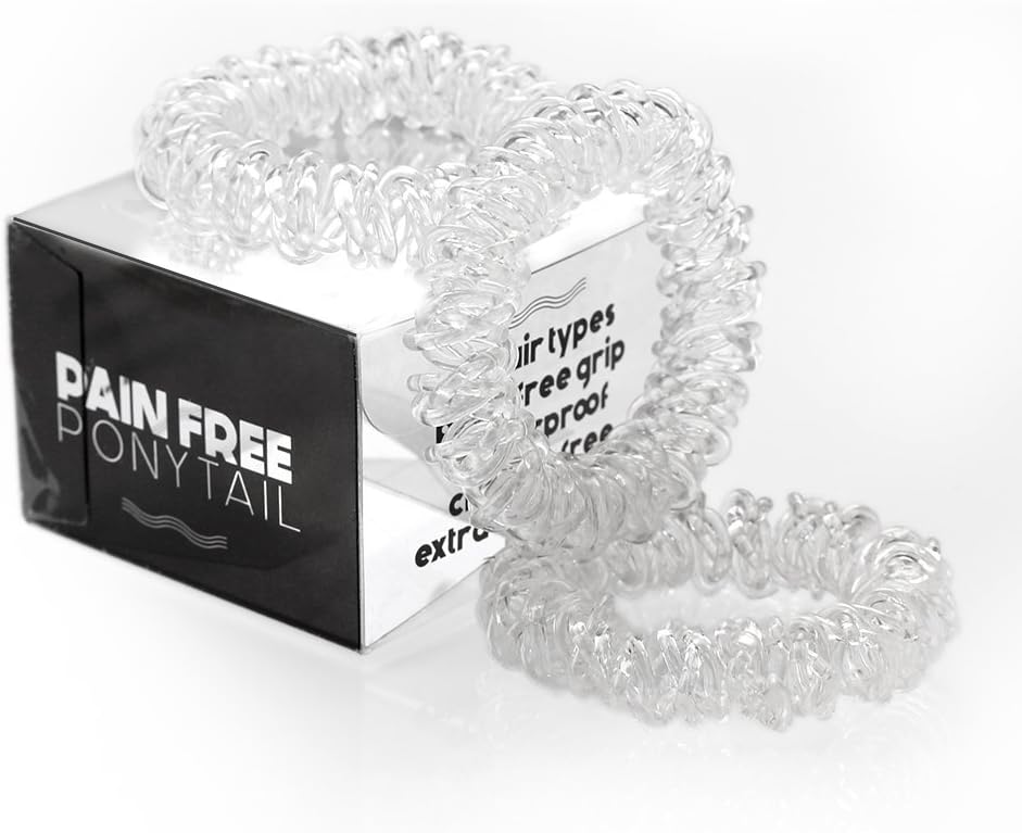Spiral Hair Ring - Curly Hair Elastic - Pain-Free, Crease-Free, Extra Strong Hold for Thick & Normal Hair - Transparent/Clear Color - Pain Free Ponytail