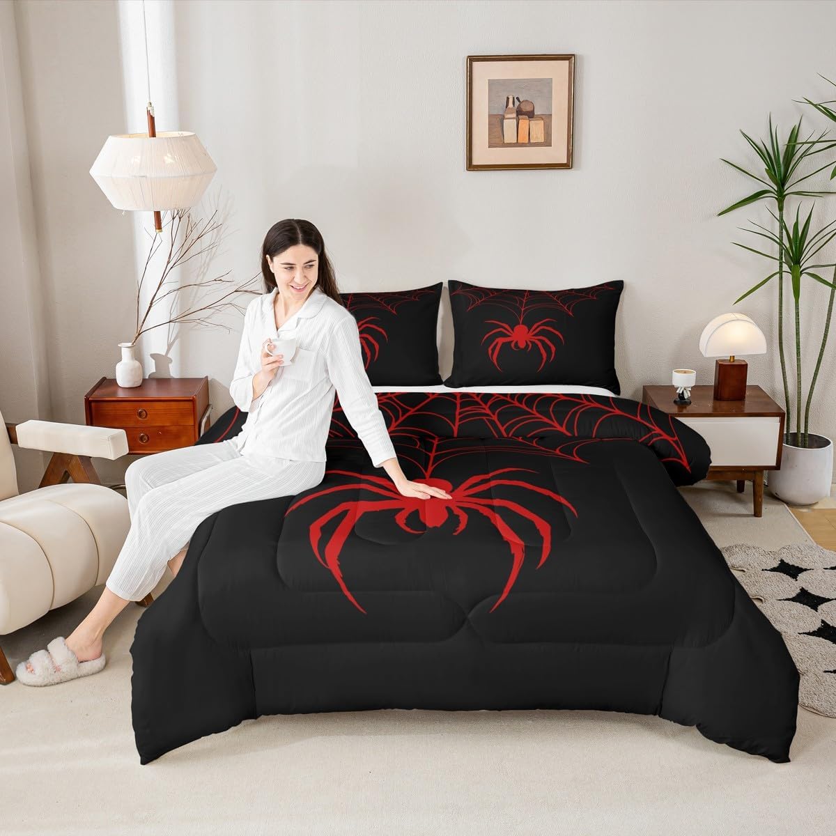Red Spider Kid Comforter Set Twin Size,Spider Web Arachnid Insect Animal Bedding Set,Boys Girls Women Men Room Decor,Halloween Gothic Trippy Quilt Comforter,Black Retro Duvet Insert,1 Pillowcase