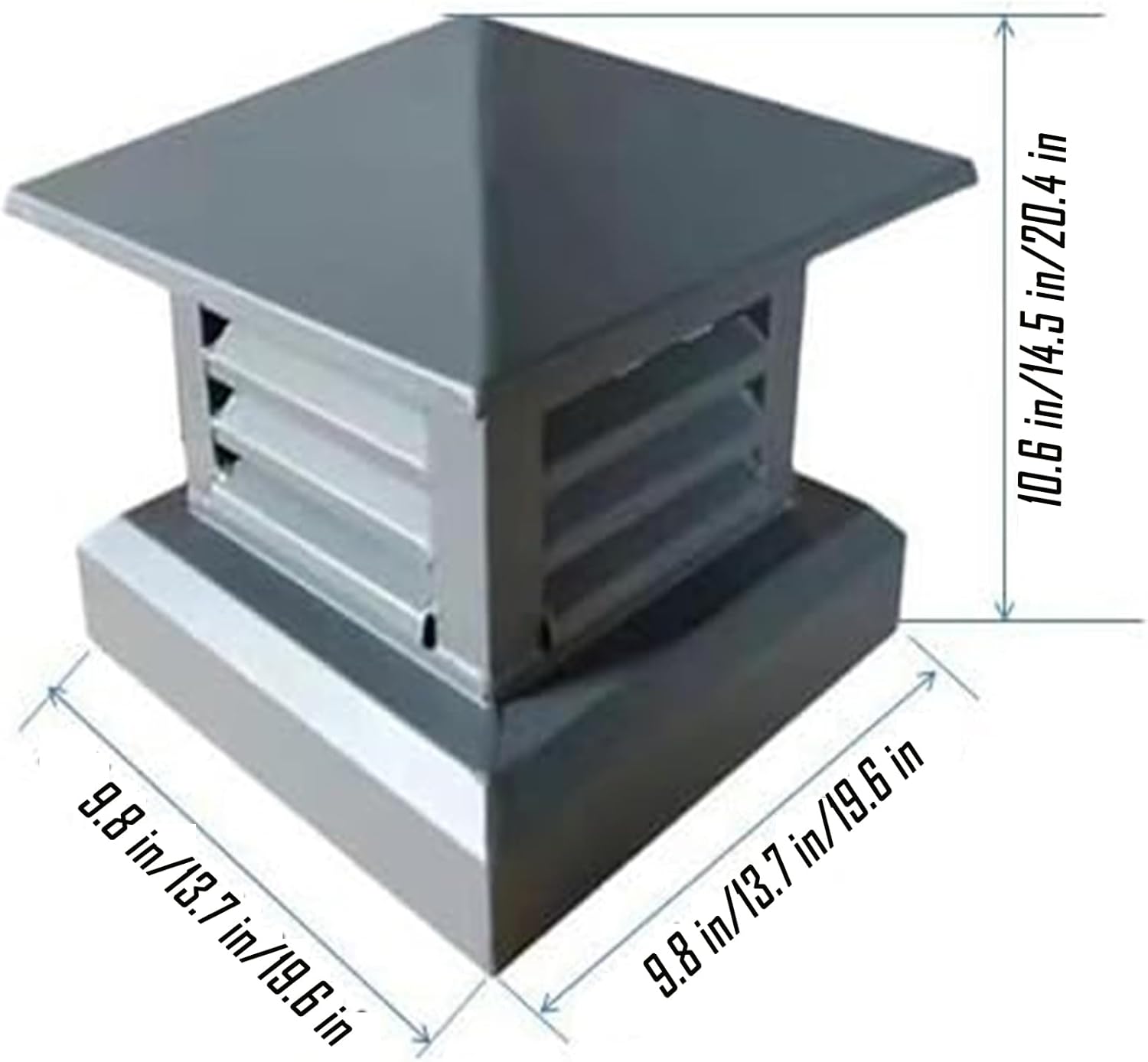 Chimney Cap 20x20in Square Villa Fireplace Chimney Caps, Aluminum Alloy Tapered Top Louvre Roof Vent Rain Windproof Cover for Outside, Gray