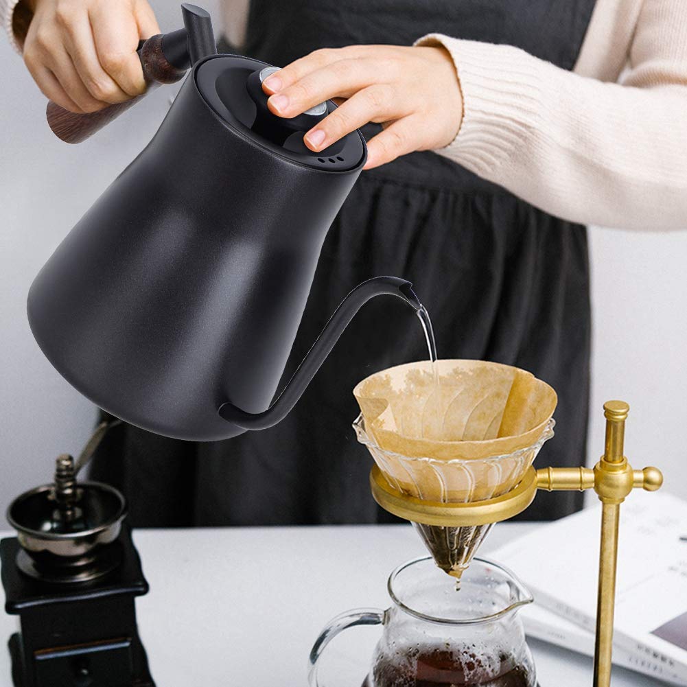 Schwanenhals Wasserkocher, 850ml Gooseneck Kettle mit Thermometer, Kaffeekessel mit Holzgriff, Gooseneck Kettle, Wasserkocher Schwanenhals für alle Herdtypen, Langlebig und Einfach zu Reinigen