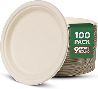 9" Brown Bagasse Dinner Plates, 100 Pack - Compostable, Microwaveable, Water & Oil Proof, Disposable Party Plates