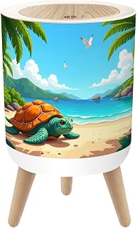 Bathroom Trash Can with Lid 1.8 Gallon Dog Proof Trash Can Cute Sea Turtle Tropical Beach Palm Garbage Bin Waste Basket Trash Bin Round Waste Bin Press Cover for Pool Home Lake House Bathroom Garden