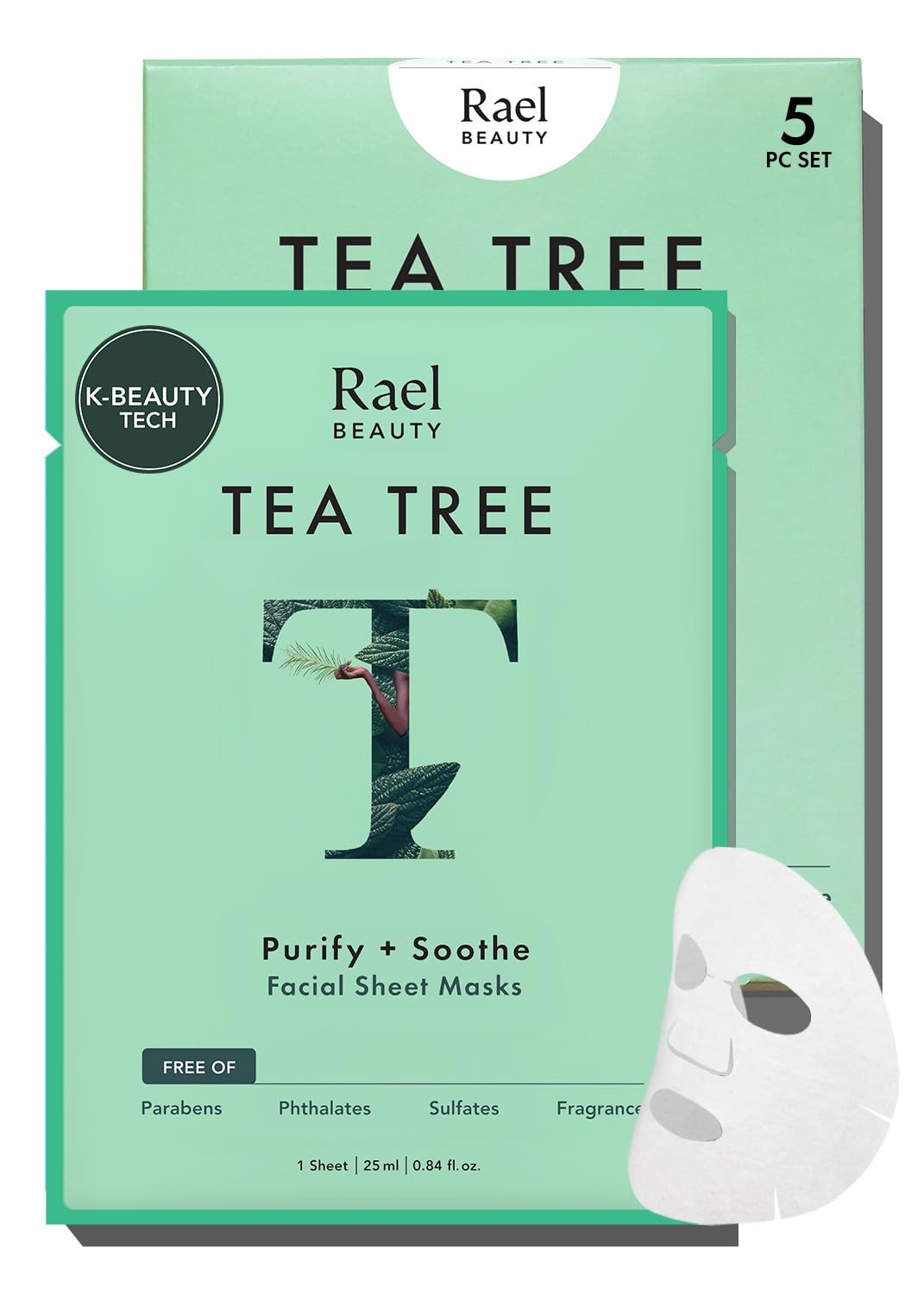 Rael Gesichtsmaske Teebaumöl – Korean Skincare Glass Skin, beruhigend & klärend, Bambus Tuchmasken Gesicht, Teebaumöl & Centella, frei von Duftstoffen & PEGs, Vegan & Tierversuchsfrei (5 Stück)