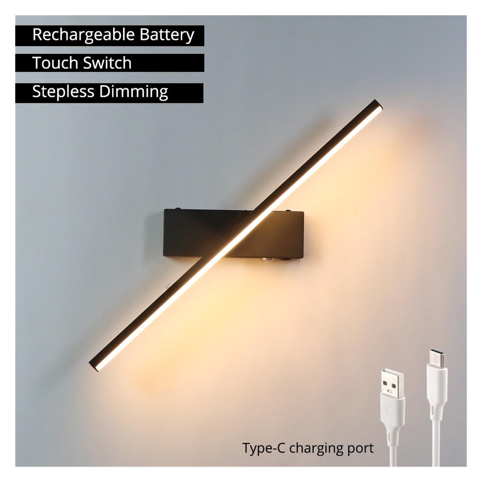 Lampada Da Parete A LED Con Batteria Ricaricabile Interruttore Tattile For Comodino Camera Letto Dimmerabile Luce Notturna DC5V In Ferro Di Alluminio Tipo C Piccolo E Luminoso(Black,Length 30cm)