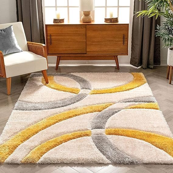 Handmade 3D Edge Collection Super Soft Microfiber Polyester Silk Touch Carpet | Size - 3 x 5 Feet | Color - Mustard;Ivory