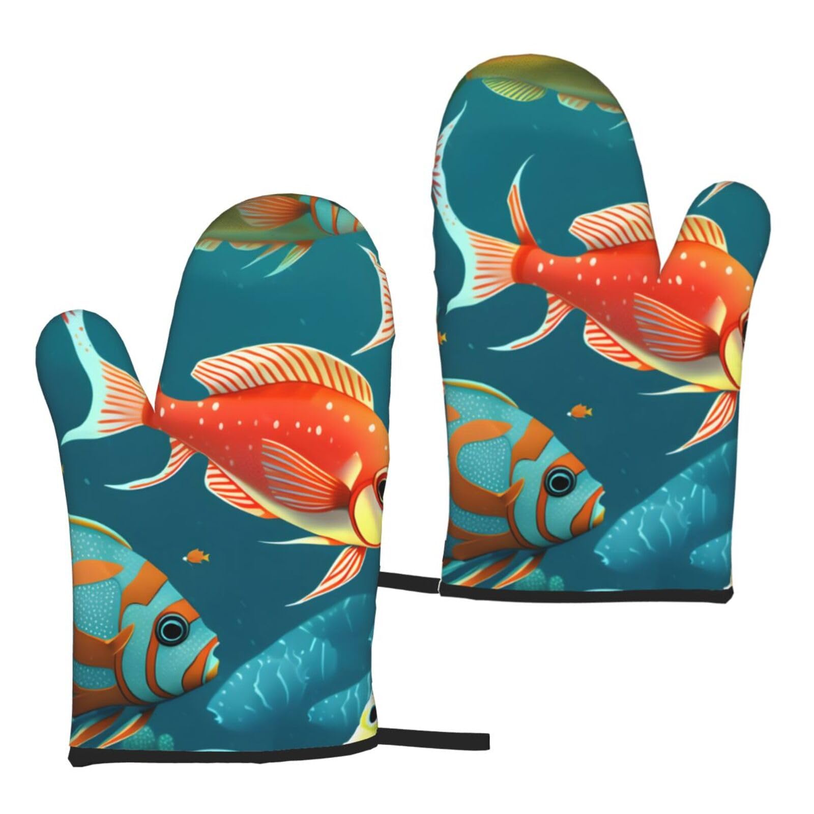 Ocean Underwater Fish Print Heat Resistant Universal Fit Oven Microwave Gloves Home Cooking Baking Grilling