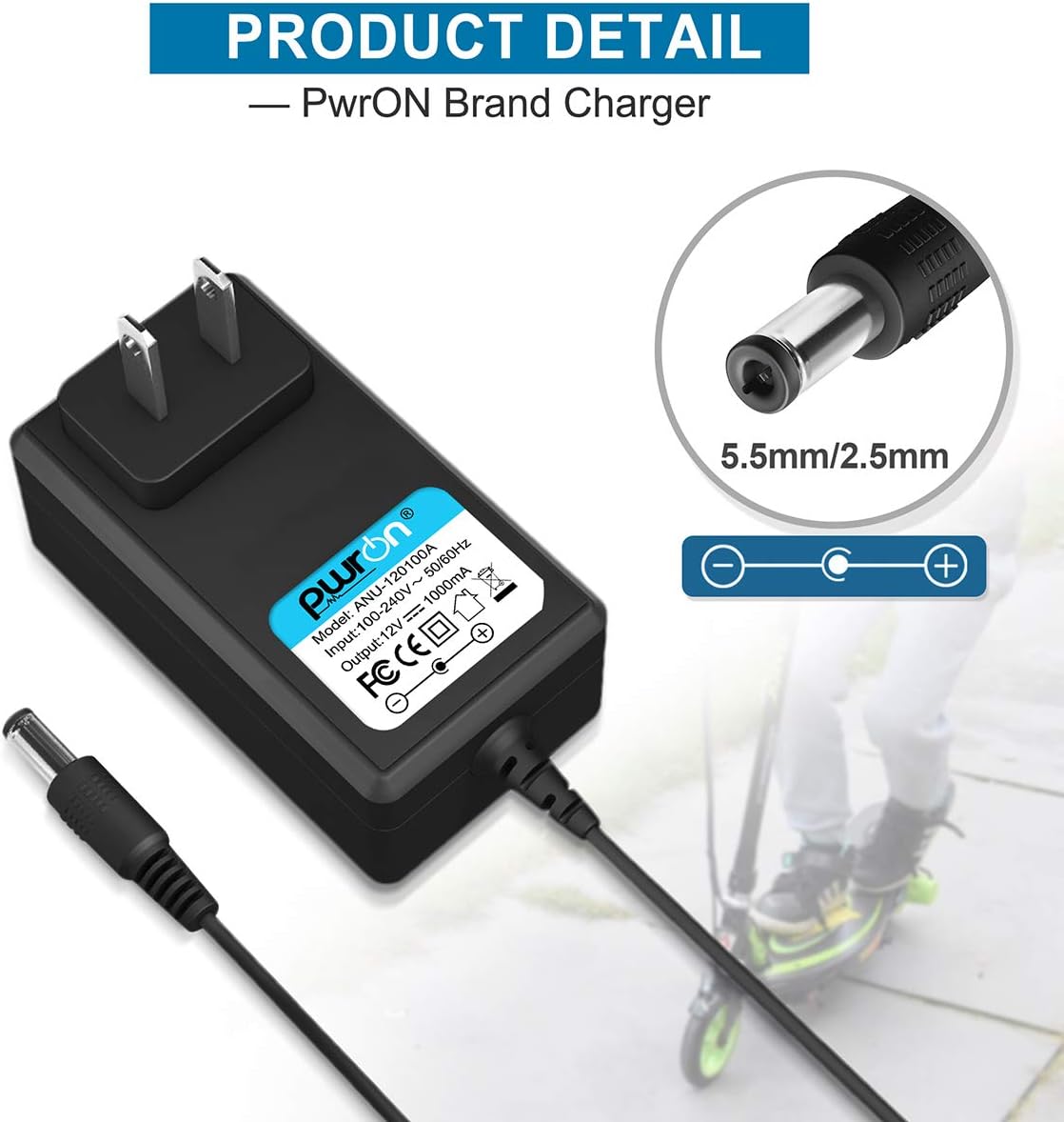 PwrON 12V 1A AC DC Adapter Compatible with for Razor Power Core E90, ePunk, XLR8R, Electric Scream Machine, Kids Ride On Toys, Electric Scooter Power Supply Adapter - 6.6FT Cable