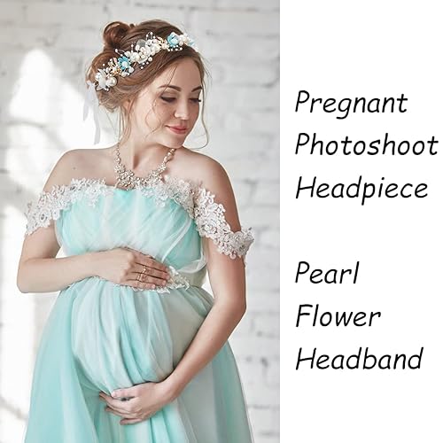 Miniatura 4 de Didder Diadema de flores, tiara y corona de perlas para mujeres y niñas, para sesión de fotos de maternidad, diadema de diamantes de imitación, para