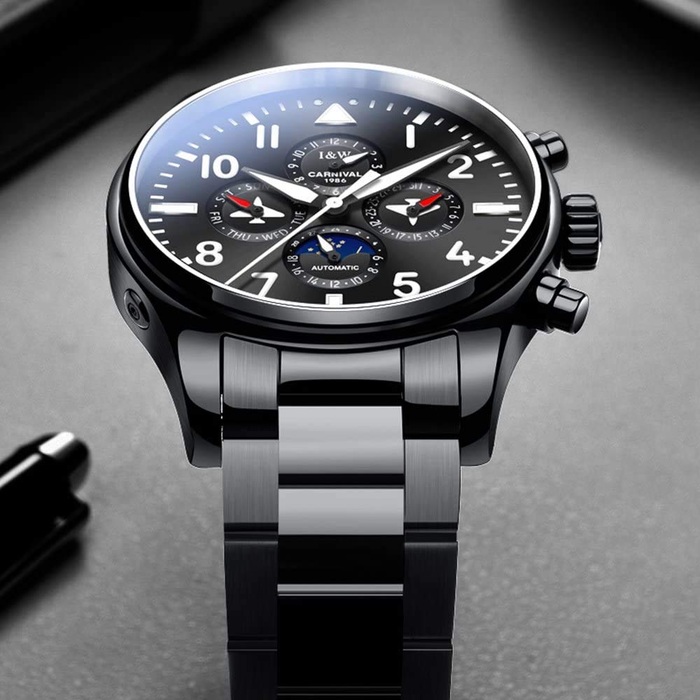 MASTOP Herren Klassische Multifunktions-Automatik-mechanische Uhr Leuchtend Wasserdicht Saphir Business Edelstahlband Kleid Armbanduhr