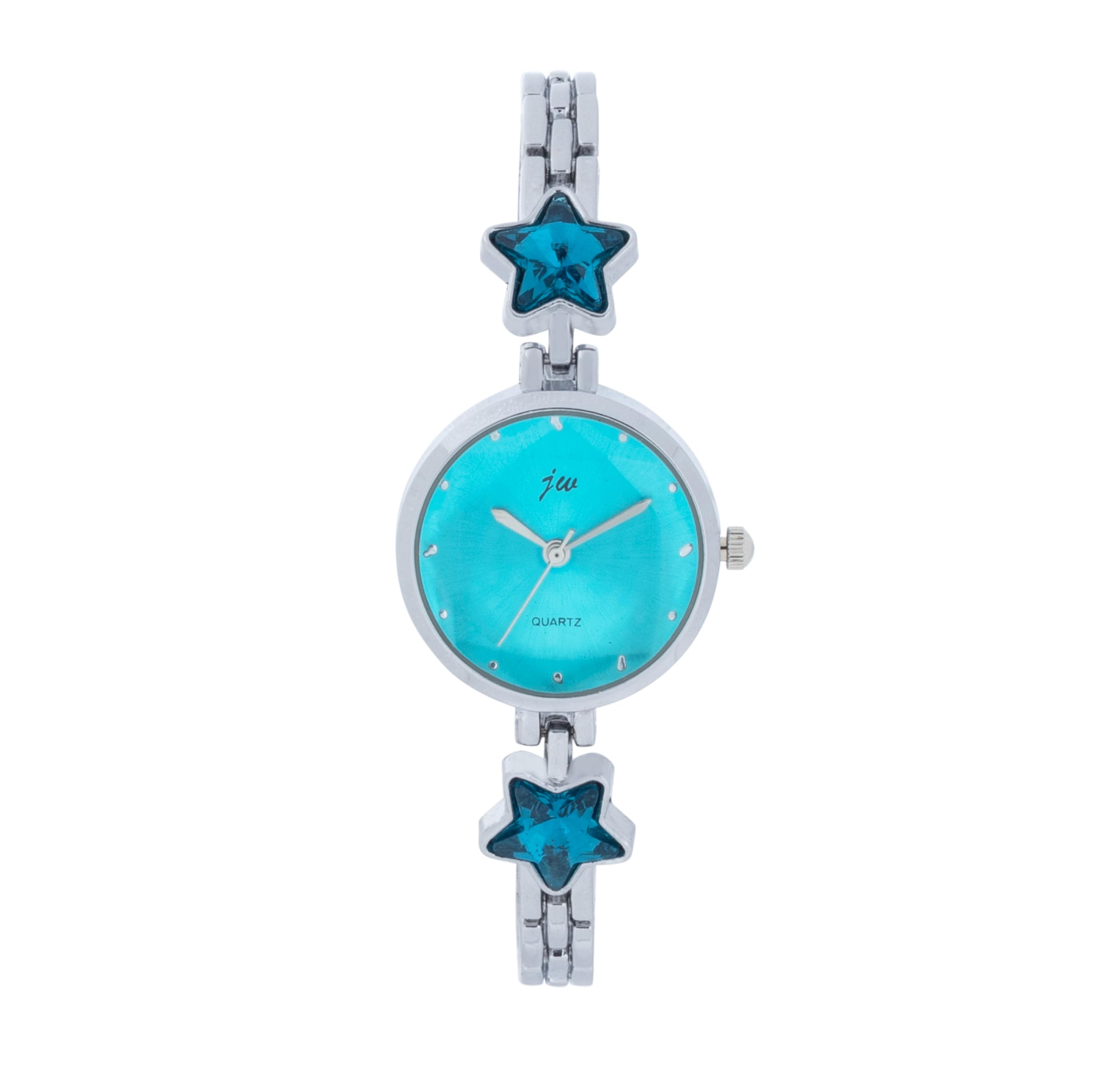 JW Quartz Analogue Wrist Watch for Women, Turquoise Round Dial with Stylish Star Studded Charms & Silver Metal Bracelet
