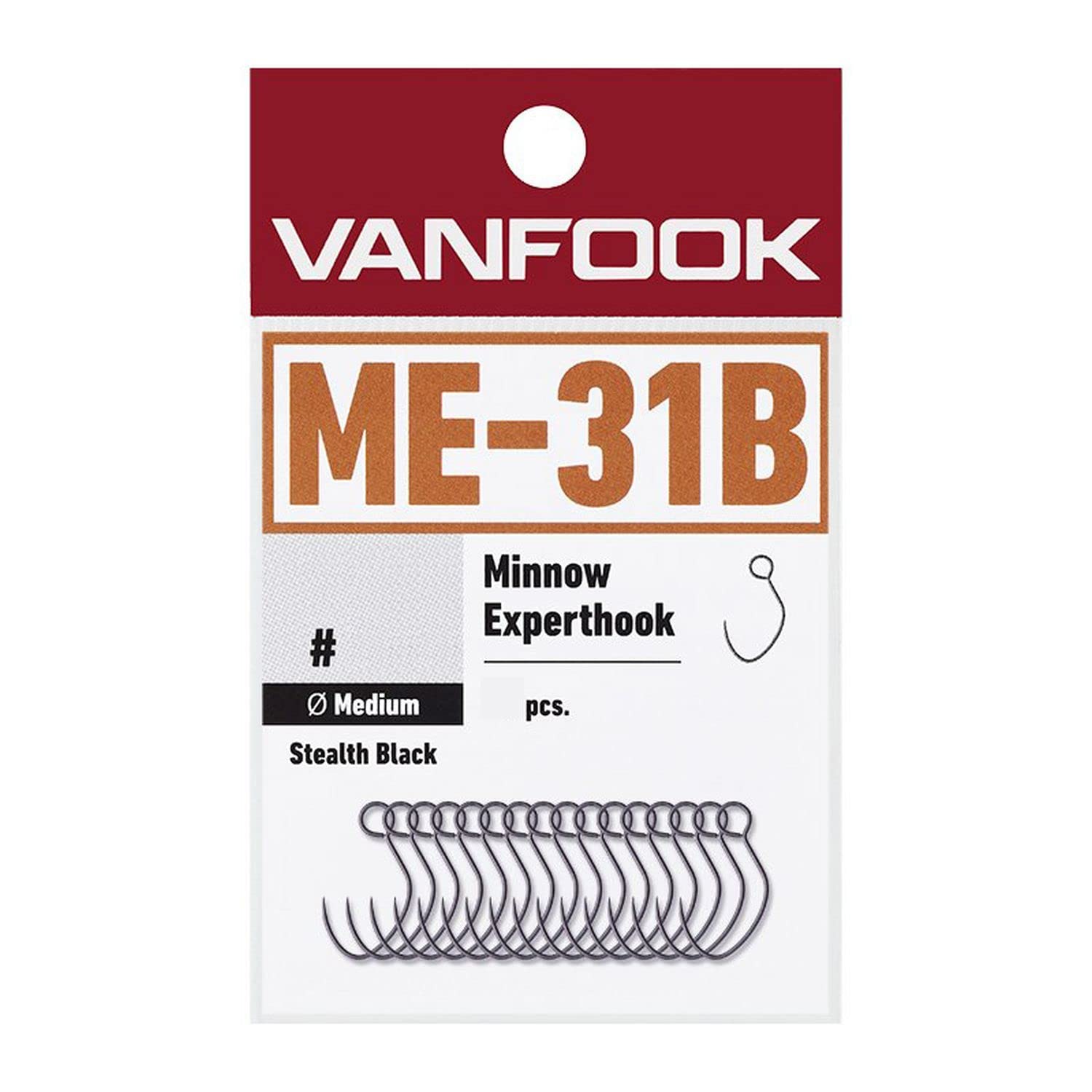 Vanfook ME-31B Minnow Experthook Single Hooks, Medium Wire Inline Eye for Minnow & Jerkbait Lures, Stealth Black, Size 8, Pack of 16, Japanese