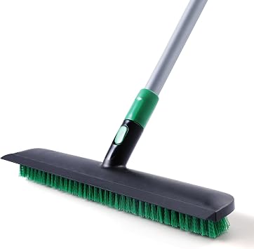 Eyliden Floor Scrub Brush with Long Handle, 15-inch Wide Deck Brush, 2in1 Floor Scrubber with Stiff Bristles and Rubber Squeegee for Bathroom, Shower, Kitchen, Patio, Garage, Telescoping Steel Handle