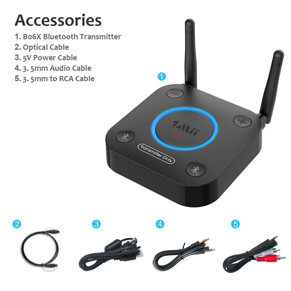 1Mii Trasmettitore Bluetooth 5.2 per TV a 2 Cuffie Bluetooth, Adattatore Audio Wireless TV con Controllo Volume, Ingresso Ottico, Coassiale, AUX, RCA, AptX Bassa Latenza, Lungo Raggio 60m