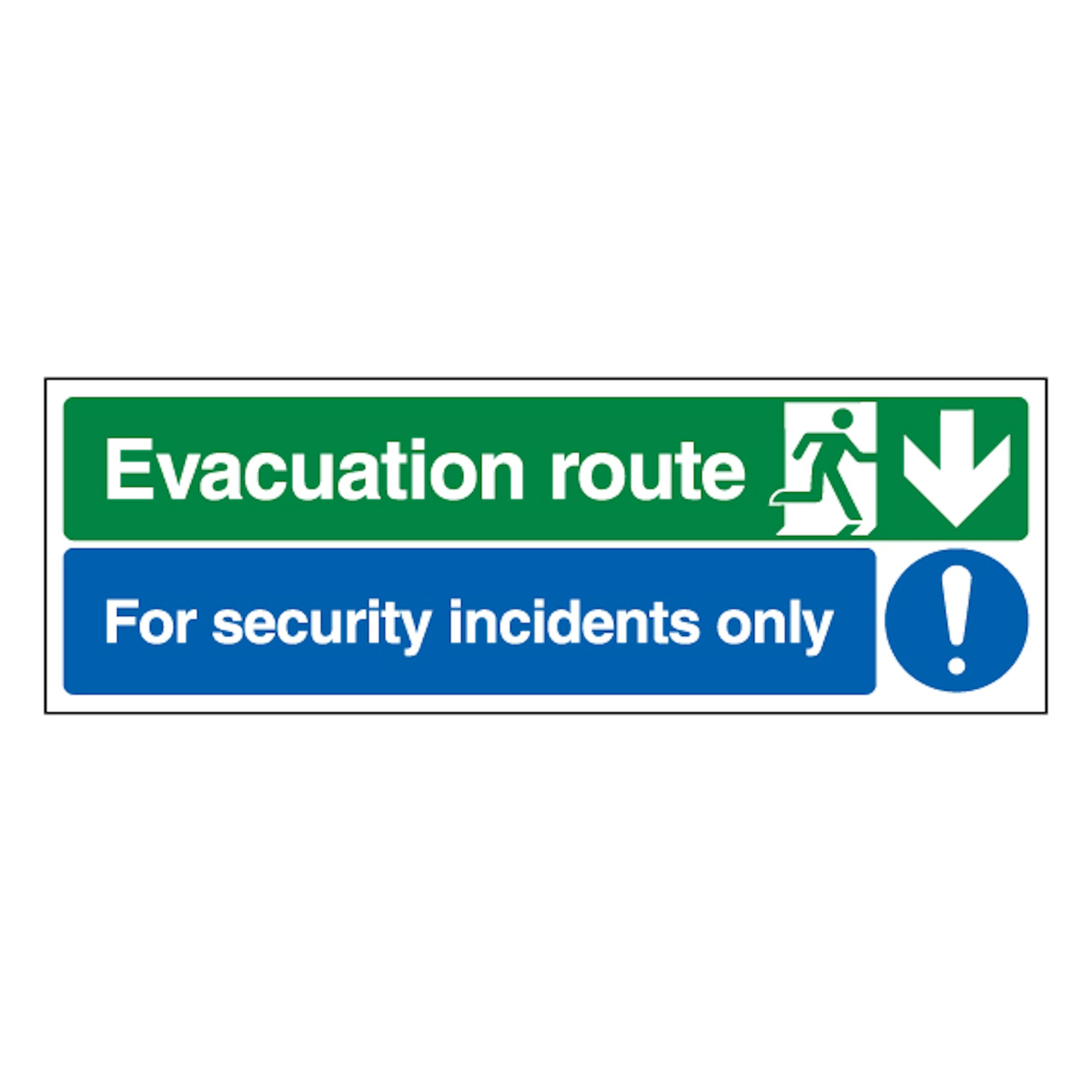V Safety Evacuation Route Arrow Down/Security Incidents Only 600 x 200 mm - 2mm Super-Tough Rigid Plastic Safety Sign