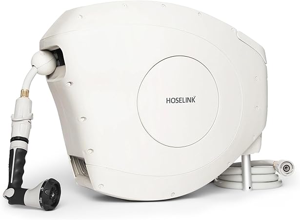 HOSELINK Beige 50ft Hi-Flow Automatic Retractable Garden Hose Reel, 9/16”, 8-Pattern Spray Nozzle, UV-Stabilized Kink-Free Hose, Wall Mounted Complete Watering Solution for Backyard, Garden & Outdoor