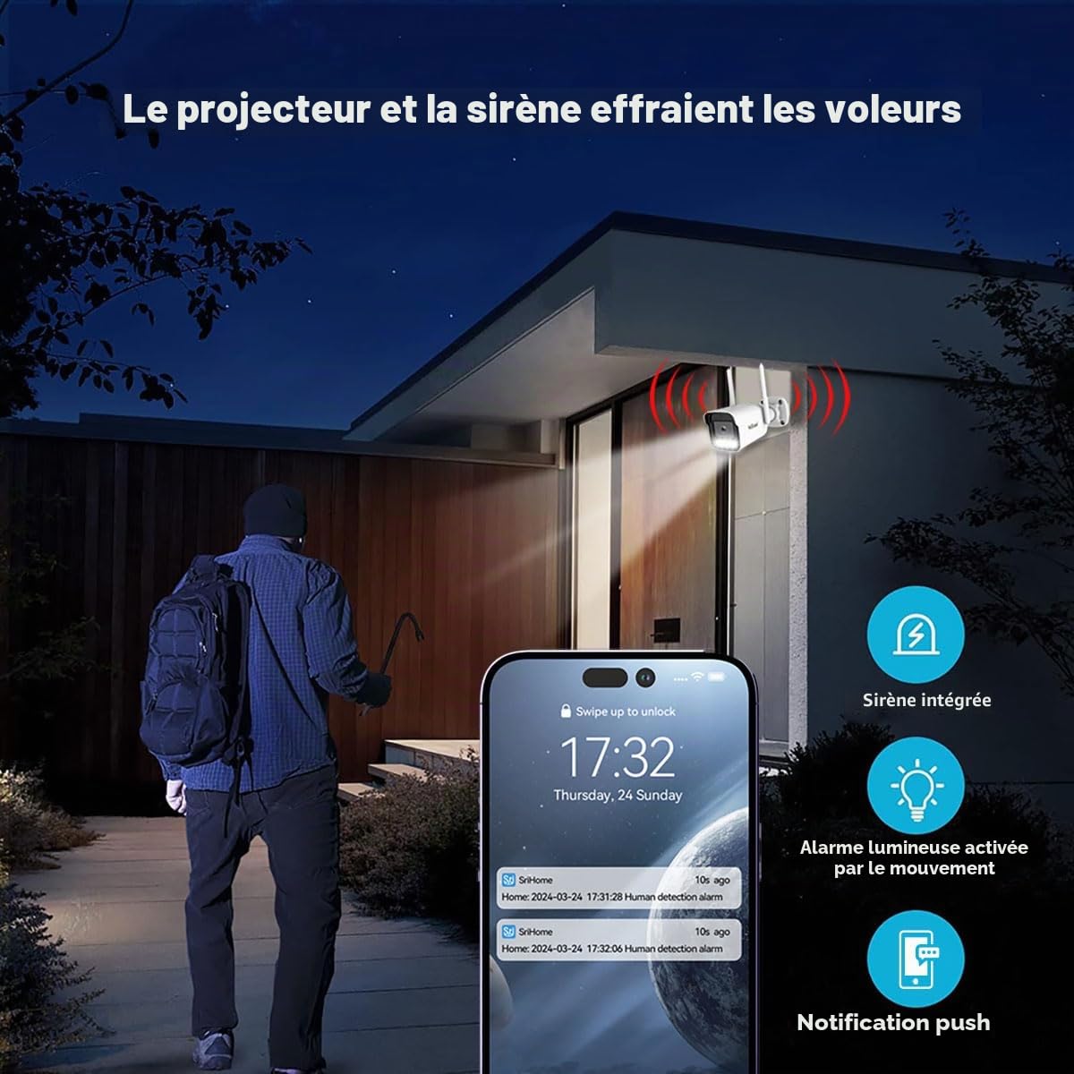 Caméra de Surveillance Vidéo Extérieure, Sricam Caméra de Sécurité WiFi, Imperméable, Vision Nocturne, Détection de Movement, Support MicroSD jusqu'à 128GB, Compatible avec iOS et Android Windows PC
