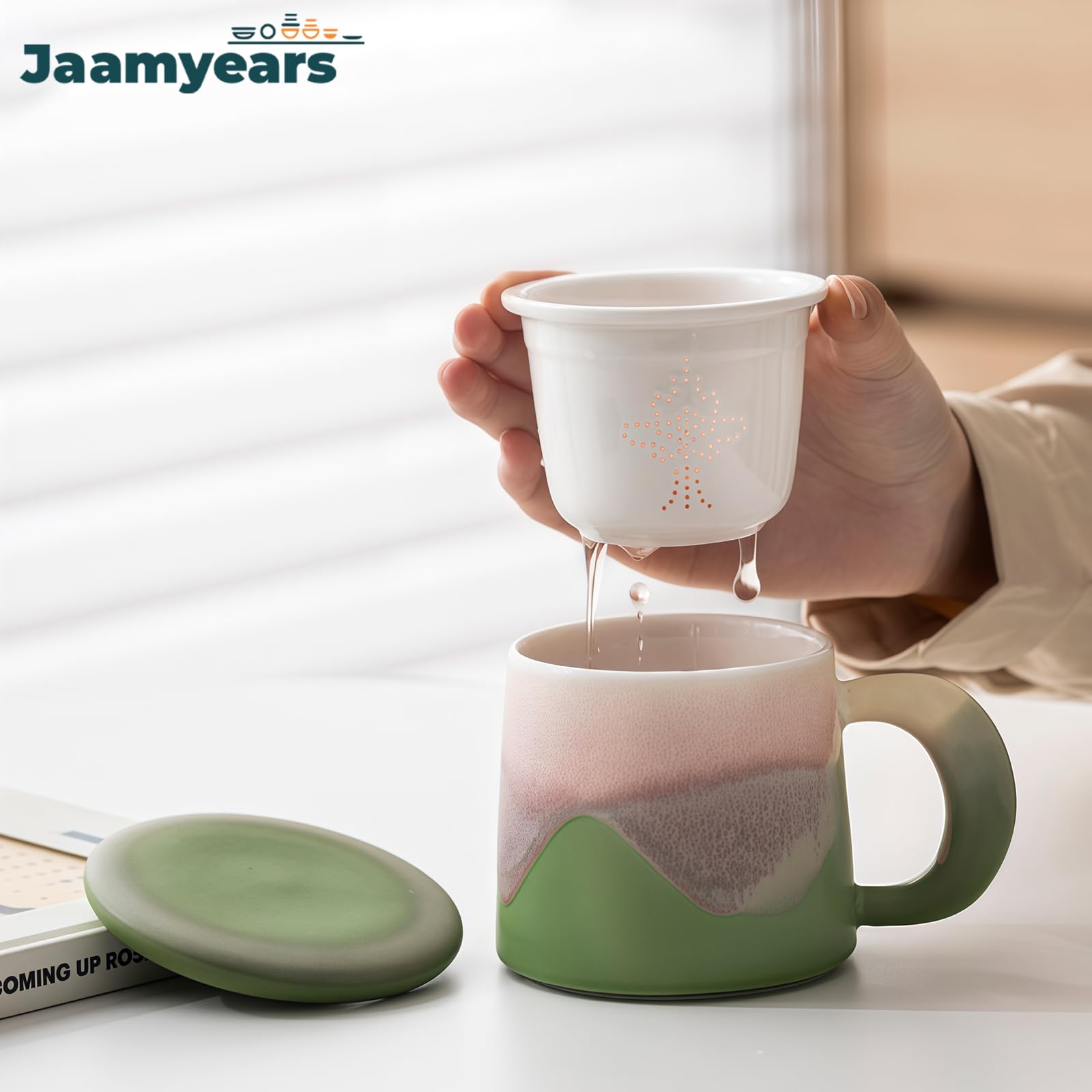 Taza de té con infusor y tapa, taza de té de cerámica de hojas sueltas, 350 ml, ideal para preparar café y té