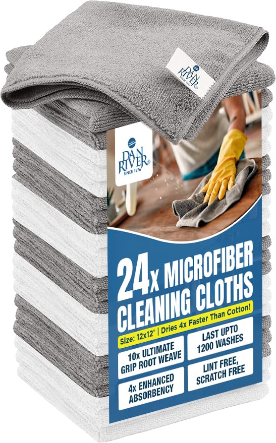 DAN RIVER 24-Pack Microfiber Towels – Ultra Absorbent, lint Free Cloth &amp; Streak-Free for Home, Car &amp; Kitchen - Must-Have Cleaning Essentials - 12" x 12" - Gray White